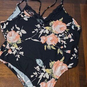 Women's Plus Black Floral Sleeveless Bodysuit 4X
